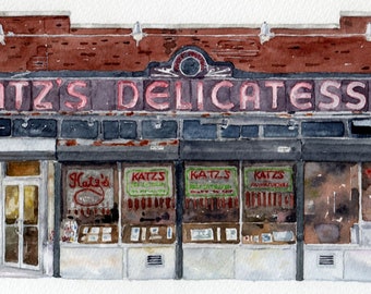 Katz&#39;s Delicatessen, New York City Lower East Side. Rob Thorpe watercolor landscape prints & notecards. &quot;I&#39;ll have what she&#39;s having.&quot;