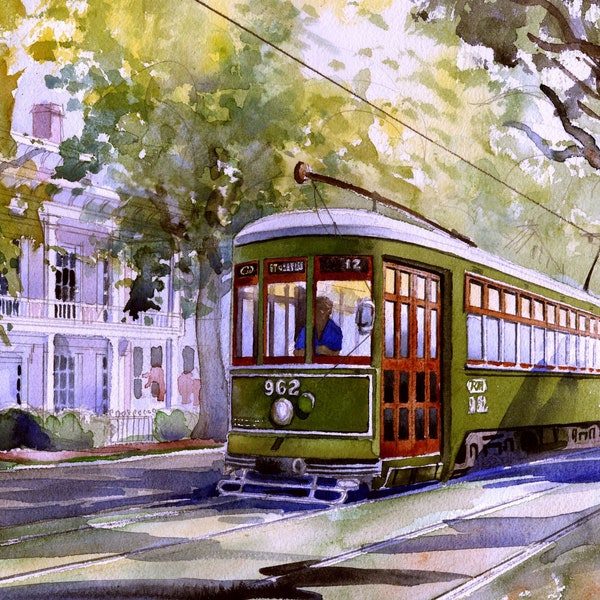 New Orleans Streetcar Fridge Magnet 3.5x5". Romantic Garden District, trees, Victorian house. James Mann watercolor landscape.
