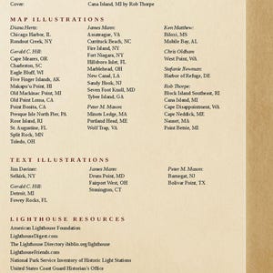 May include: A list of credits and map illustrations for a book about lighthouses. The list includes the names of the artists and illustrators, as well as the locations of the lighthouses featured in the book.
