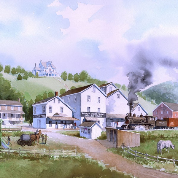 Ma & Pa Railroad, Muddy Creek Forks, Penna. Roller mills, steam train, farm. James Mann watercolor landscape prints, notecards
