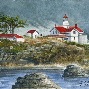 Battery Point Lighthouse, Crescent City, California, Dramatic sky & rocks. Gerald Hill watercolor landscape art prints, notecards. painting