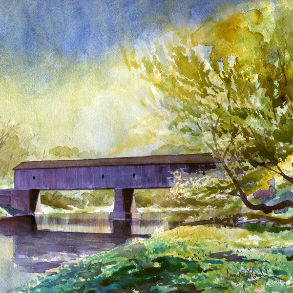Schofield Ford Covered Bridge, Tyler State Park, Bucks County, PA. Golden spring sunshine. James Mann watercolor landscape prints, notecards