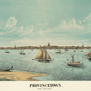 Port de Provincetown, Cape Cod, Massachusetts, charmant paysage marin de 1877. vintage vue sur la plage, les voiliers, les toits de Ptown. Nouveaux tirages d'art et cartes de correspondance