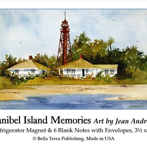 Sanibel Island Memories Geschenkpackung. Historische Florida Gulf Coast. Kühlschrankmagnet & A1 MiniNoten von Jean Andrew Aquarell Strandlandschaft.