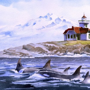 Patos Island Lighthouse, Mt. Baker & Orcas. San Juan Islands trifecta! James Mann watercolor landscape prints, notecards.
