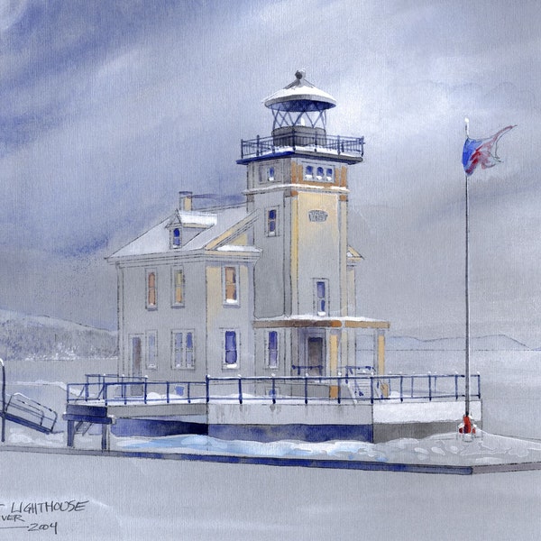 Rondout Creek Lighthouse in snow & ice, Kingston, New York. Hudson River winter landscape. James Mann watercolor art prints, notecards