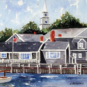 Nantucket Harbor, Mass. Village summer landscape. Boat, dock, houses, church, US flags. Jean Andrew watercolor prints, notecards