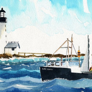 Halfway Rock Lighthouse & lobster boat, Maine. Casco Bay seascape. Peter Mason watercolor art prints, notecards.