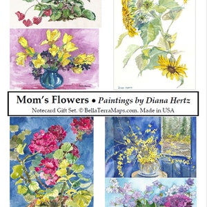 Collection de cartes de notes mom’s Flowers. Coffret cadeau. Bouquets joyeux. Aquarelles gracieuses de l’artiste du Maine Diana Hertz. Cartes de notes en 2 tailles.