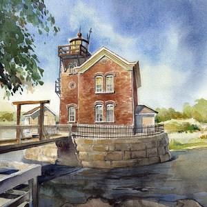 Saugerties Lighthouse, New York. Romantic Victorian on the Hudson River. James Mann watercolor landscape art prints, notecards