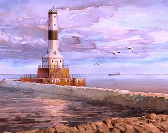 Faro del rompeolas de Conneaut West, Ohio. Nubes y gaviotas sobre el lago Erie. Impresiones y tarjetas de notas con paisajes en acuarela de James Mann
