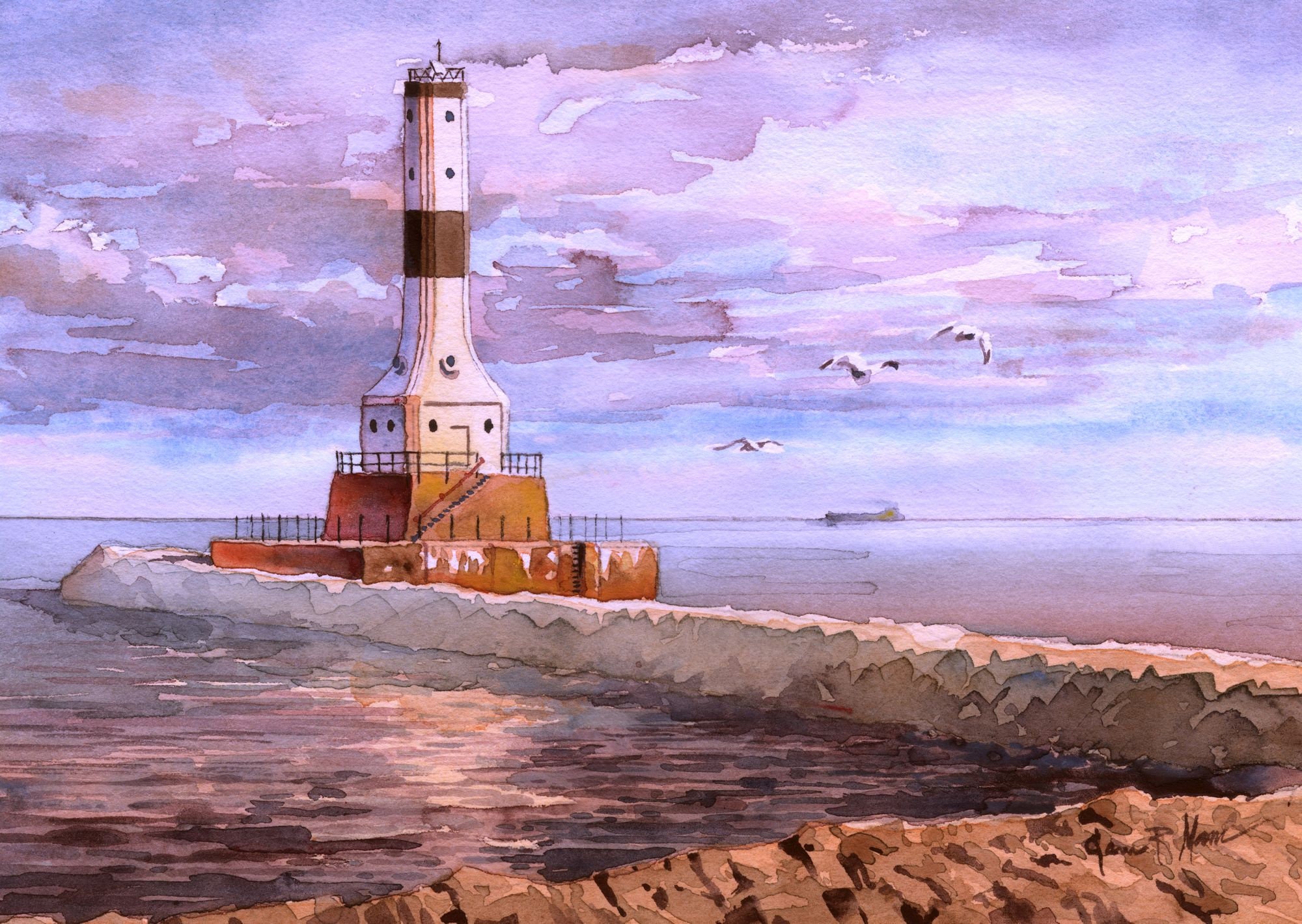 Conneaut West Breakwater Lighthouse Ohio. Clouds and Gulls Etsy