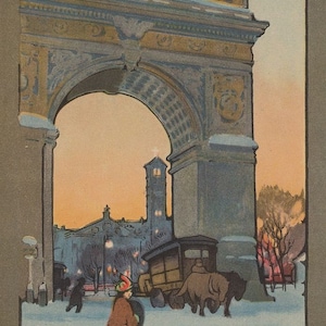 Coucher de soleil enneigé, Washington Square Arch, Greenwich Village, NYC. Femme et bus tiré par des chevaux dans la neige. Carnets portrait 5x7 de carte postale vintage