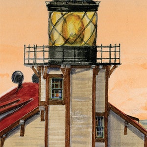 May include: An illustrated guide to lighthouses in California and Hawaii, featuring a watercolor painting of a lighthouse with a red roof and a yellow lantern. The book cover includes the text "California Hawaii Lighthouses", "Illustrated Map & Guide", and "Includes Lake Havasu & Lake Tahoe".