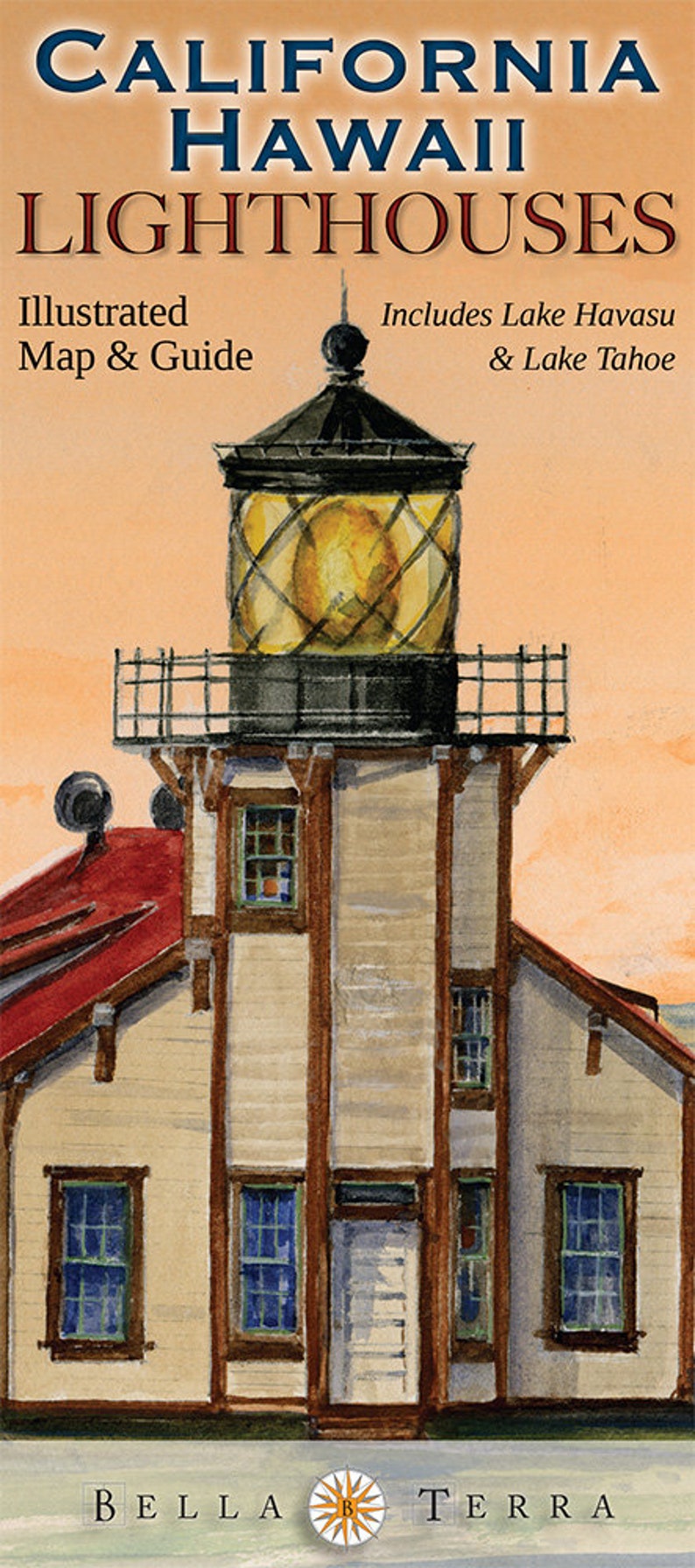 May include: An illustrated guide to lighthouses in California and Hawaii, featuring a watercolor painting of a lighthouse with a red roof and a yellow lantern. The book cover includes the text "California Hawaii Lighthouses", "Illustrated Map & Guide", and "Includes Lake Havasu & Lake Tahoe".