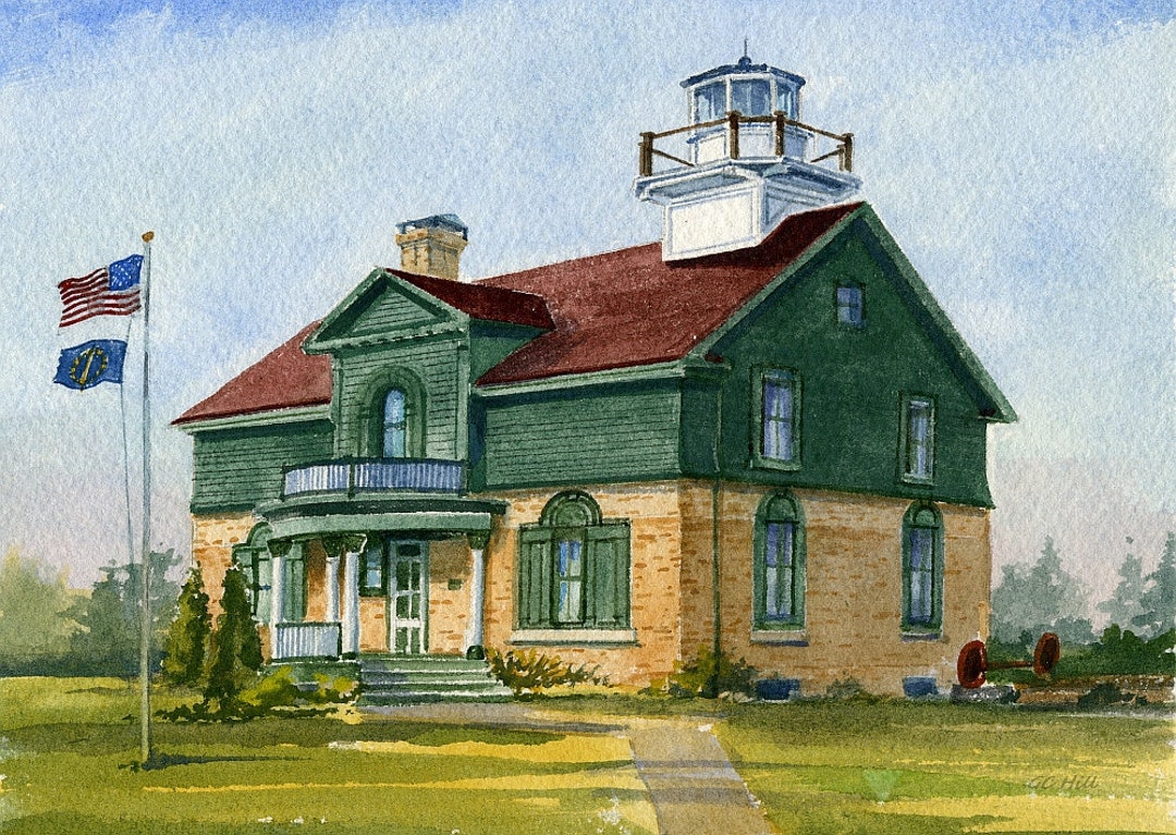 Old Michigan City Lighthouse, Flags Flying Over Lake
