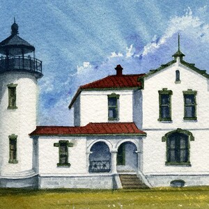 May include: A white lighthouse with a red roof and a black lantern on top. The lighthouse is surrounded by green grass and a blue sky with white clouds.