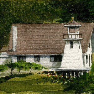 Phare de la fissure du rocher, cap Perpetua, Oregon. Tour et maison blanches en bois. Impressions d'art de paysage aquarelle Gerald Hill, cartes pour notes.