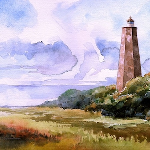 Bald Head Lighthouse, Smith Island, North Carolina. Old Baldy landscape & clouds. James Mann watercolor art prints, notecards.