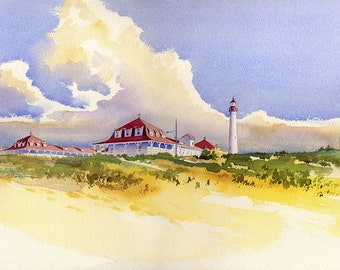 Cape May Lighthouse, New Jersey shore. Glowing clouds over sunlit beach landscape. James Mann watercolor art prints & notecards