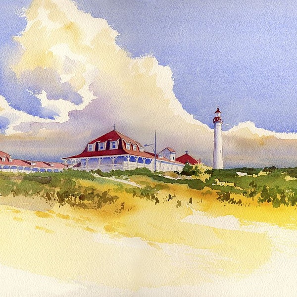 Cape May Lighthouse, New Jersey shore. Glowing clouds over sunlit beach landscape. James Mann watercolor art prints & notecards