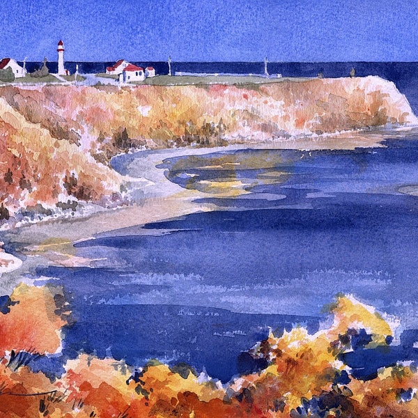 Cap de la Madeleine Lighthouse, Quebec, Canada. Autumn colors on Gaspé Peninsula coast. James Mann watercolor landscape prints, notecards.