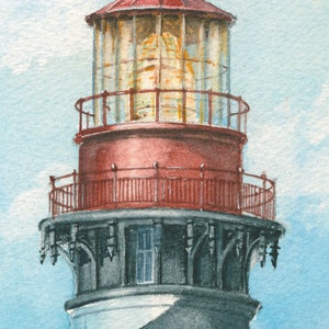 May include: A watercolor painting of a lighthouse with a red roof and black and white stripes. The lighthouse is set against a blue sky with white clouds. The text "FLORIDA LIGHTHOUSES Illustrated Map & Guide" is at the top of the image. The text "BELLA TERRA" is at the bottom of the image.
