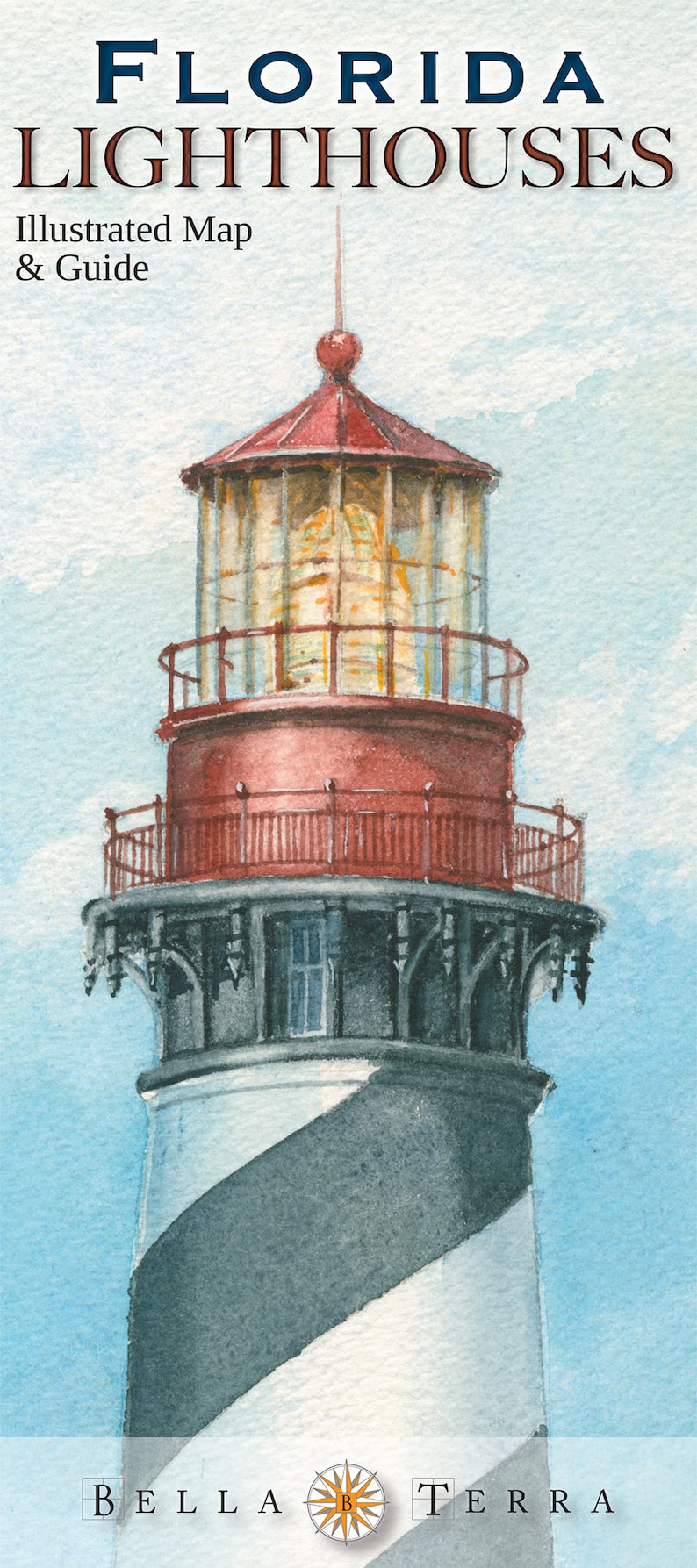 May include: A watercolor painting of a lighthouse with a red roof and black and white stripes. The lighthouse is set against a blue sky with white clouds. The text "FLORIDA LIGHTHOUSES Illustrated Map & Guide" is at the top of the image. The text "BELLA TERRA" is at the bottom of the image.