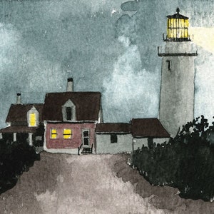 Phare de Cape Cod Highland la nuit, North Truro, Massachusetts, la lumière qui brille dans un paysage brumeux. Impressions aquarelles Peter M. Mason et cartes pour correspondance