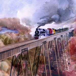 Boone & Scenic Valley Railroad, Iowa. Dramatic autumn portrait of historic steam train on trestle. James Mann watercolor prints, notecards