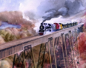 Boone & Scenic Valley Railroad, Iowa. Dramatic autumn portrait of historic steam train on trestle. James Mann watercolor prints, notecards