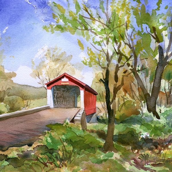 Van Sandt Covered Bridge, New Hope, Bucks County, PA. Spring country landscape. James Mann watercolor art prints & notecards