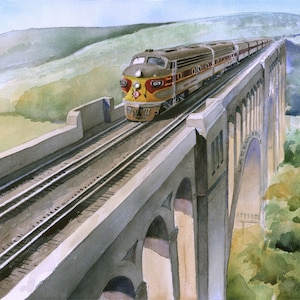 May include: A watercolor painting of a yellow and brown train traveling across a stone bridge. The train is on a track and the bridge has arches. The train is traveling over a valley with green trees and hills in the background.