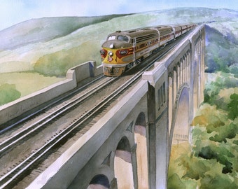 Erie Lackawanna RR "Phoebe Snow" Art Deco Streamliner Train, Tunkhannock Viaduct, Penna. James Mann watercolor landscape prints, notecards