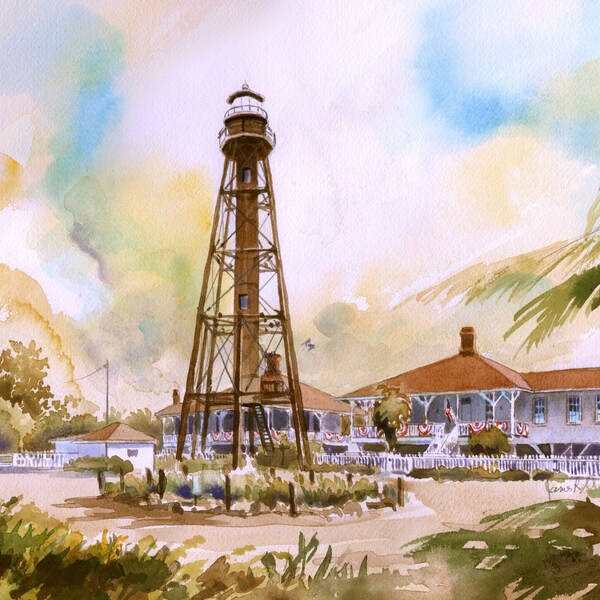 Sanibel Island Lighthouse & Keepers' Cottages, Florida, before Hurricane Ian. 11x14" giclée fine art print. James Mann watercolor landscape