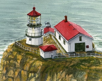 Point Reyes Lighthouse, Marin County, CA. Red roofs on cliff high above the Pacific. Gerald Hill watercolor landscape art prints, notecards.