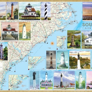 Southeast Lighthouses Illustrated Map Poster. 24x36". North Carolina, South Carolina & Georgia. No-Glare Lamination