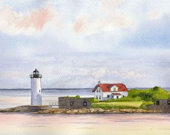 Portsmouth Harbor Lighthouse, Fort Constitution, USCG New Castle, New Hampshire. Rob Thorpe watercolor landscape prints & notecards