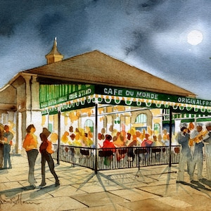 Café du Monde Fridge Magnet 3.5x5". Pleine lune romantique et groupe de jazz dans le quartier français de la Nouvelle-Orléans. Paysage aquarelle de James Mann.