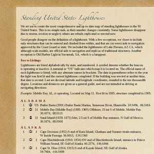 May include: A black and white list of lighthouses in the United States. The list is organized alphabetically by state and includes the name, location, and date of each lighthouse. The list also includes a key to listings, which explains the symbols used to denote whether the beacon is operating or inactive.