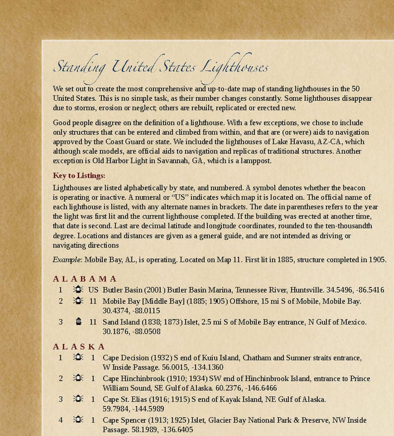 May include: A black and white list of lighthouses in the United States. The list is organized alphabetically by state and includes the name, location, and date of each lighthouse. The list also includes a key to listings, which explains the symbols used to denote whether the beacon is operating or inactive.