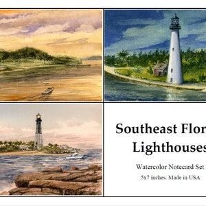 Florida Southeast Atlantic Coast Lighthouses Notecard Collection. 3 SoFlo watercolor landscapes by Gerald C. Hill. 5x7 note card gift set