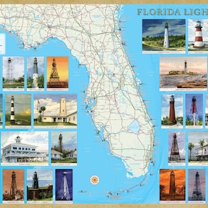 Affiche de carte illustrée des phares de Floride, 24x36 pouces. Laminage sans éblouissement. 33 aquarelles originales.