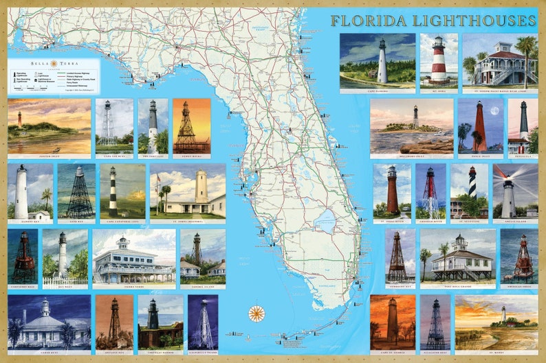 May include: A map of Florida with illustrations of lighthouses along the coast. The map shows major highways and cities. The title of the map is "Florida Lighthouses".