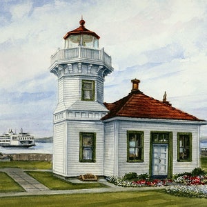 Mukilteo Lighthouse & Ferry, Puget Sound, Washington. Gerald Hill watercolor landscape art prints, notecards image 3