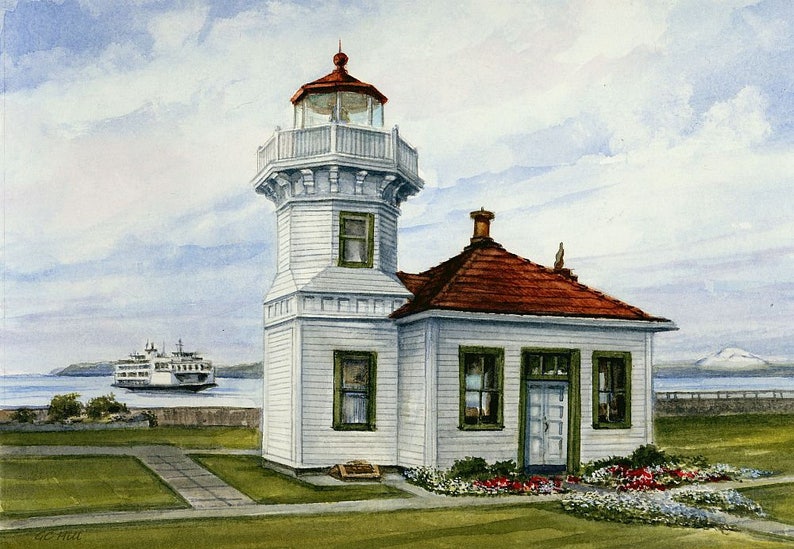 Mukilteo Lighthouse & Ferry, Puget Sound, Washington. Gerald Hill watercolor landscape art prints, notecards image 3