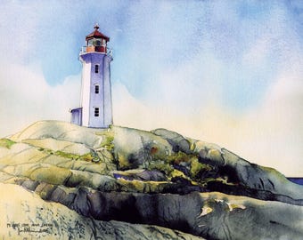Peggys Point Lighthouse, Peggy's Cove, Nova Scotia, Canada. Watercolor landscape. Last of James Mann signed giclée fine art prints.
