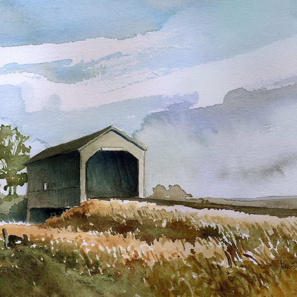 Sawmill Creek Covered Bridge, Hopewell Cape, New Brunswick, Canada. Autumn grasses landscape. James Mann watercolor prints, notecards