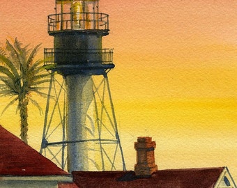 New Point Loma Lighthouse, San Diego, CA. Gold & orange sunset at Coast Guard base. Gerald Hill watercolor portrait art prints, notecards.