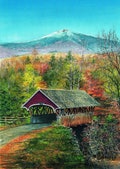 Flume Gorge Covered Bridge & Mt. Liberty, Franconia Notch, New Hampshire. Colorful autumn portrait. Gerald Hill watercolor prints, notecards